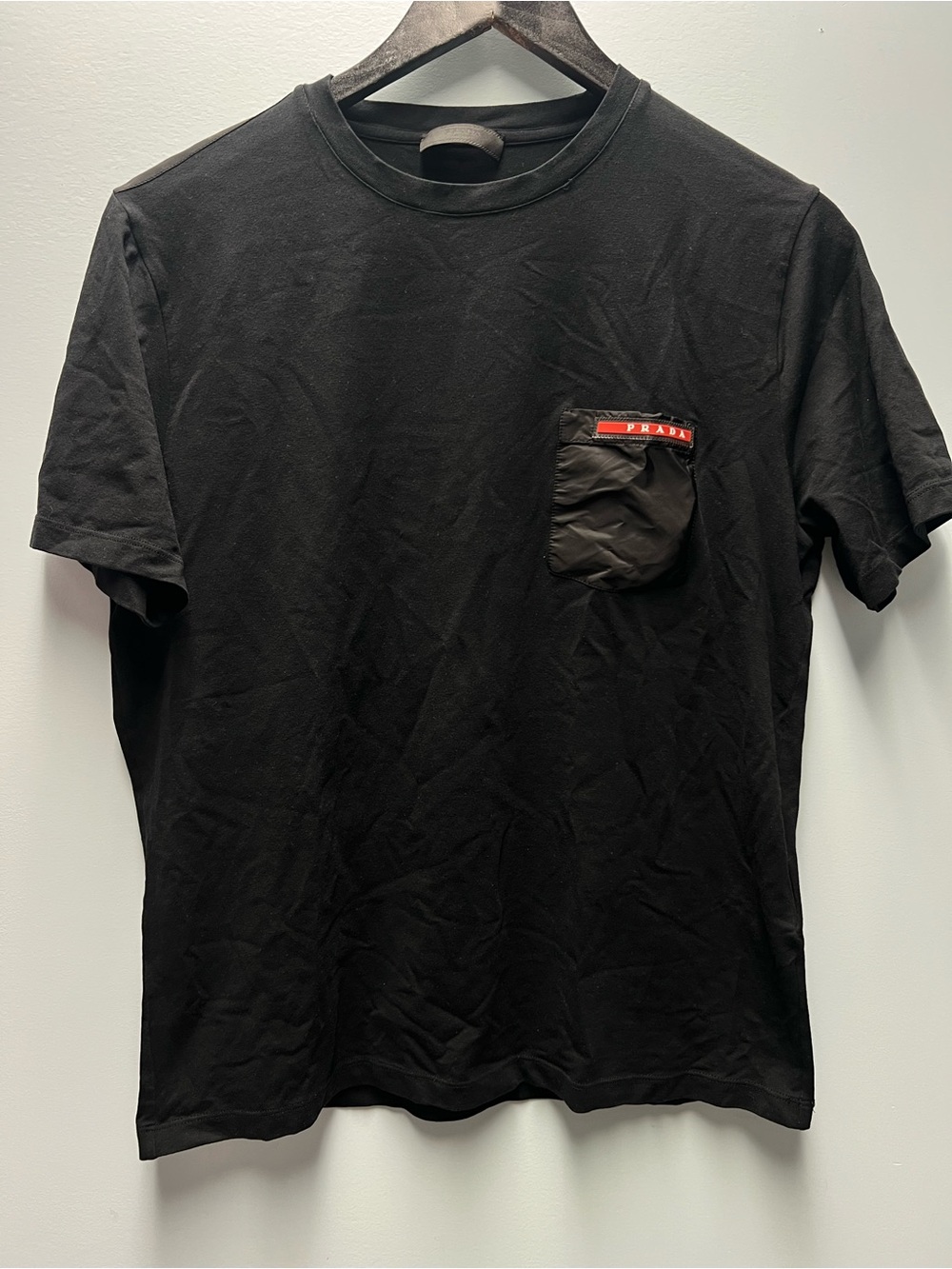 Women's Prada Black Short-Sleeve Pocket Tee with Red Logo Trim